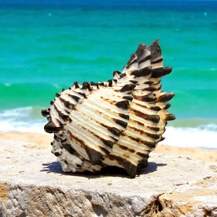 Black Murex Shell on a rock with a clear blue ocean background