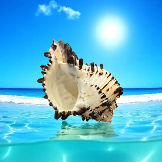 Black Murex shell in clear blue water with a bright blue sky and sun.