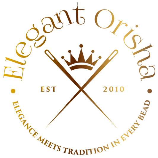 A logo featuring the text 'Elegant Orisha' with a crown and crossed needles symbols, indicating a brand or organization identity.