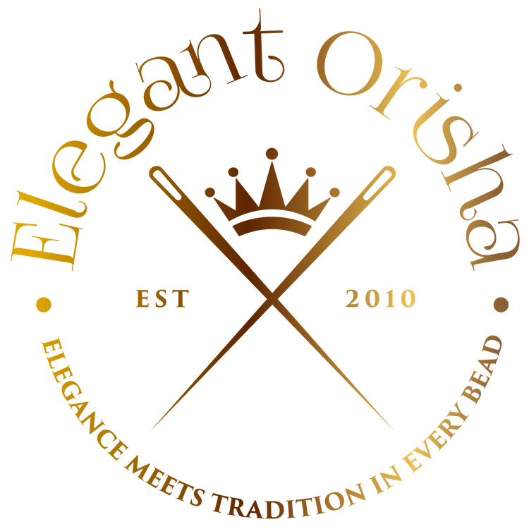 A logo featuring the text 'Elegant Orisha' with a crown and crossed needles symbols, indicating a brand or organization identity.