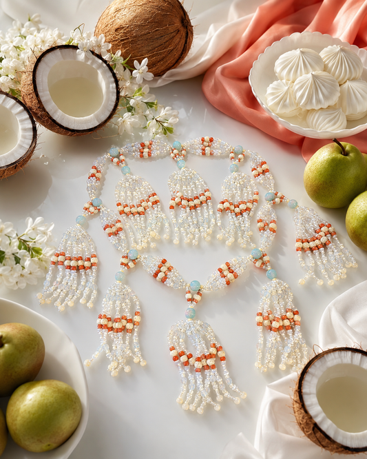 A beaded tassel necklace with white and coral, bone and opal beads. Styled on a white surface with coconuts, pears, white meringues, and white flowers.