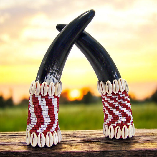 A pair of polished horns adorned with red and white beaded patterns, displayed against a sunset backdrop.