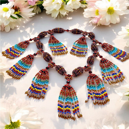 A detailed image of a 10-string mazo necklace featuring earth-toned brown and multicolored beads, displayed against a floral background.