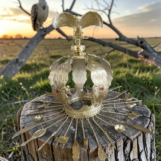 Decorative metal object on a wooden stump with a natural landscape in the background