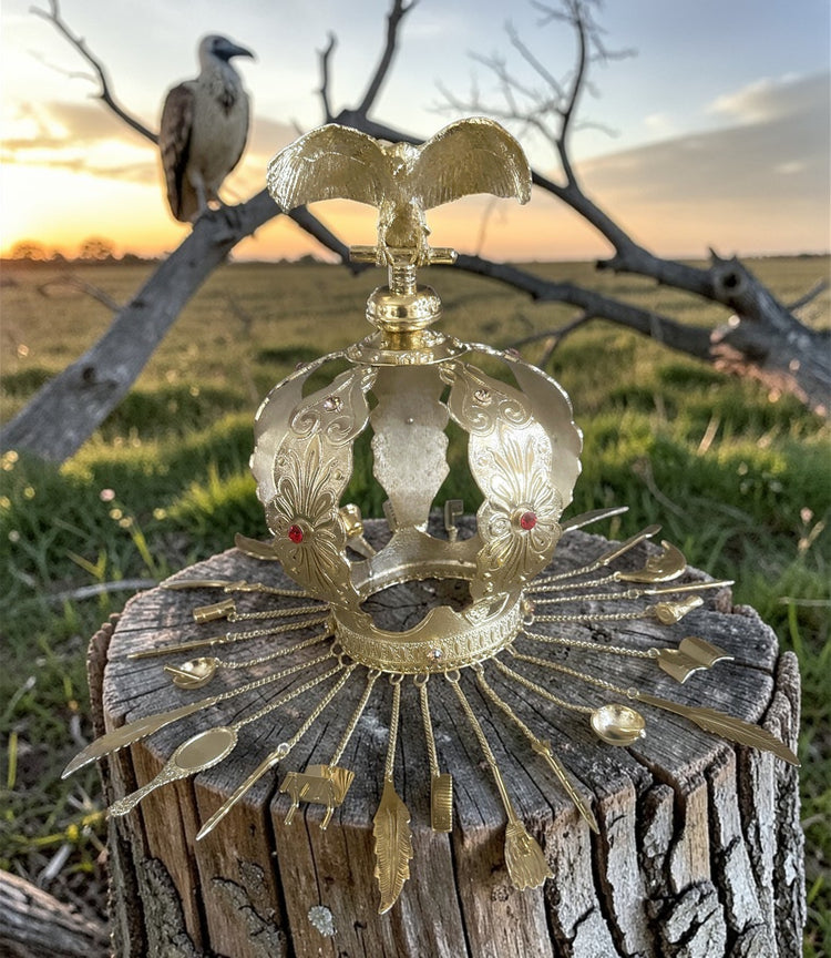 Decorative metal object on a wooden stump with a natural landscape in the background