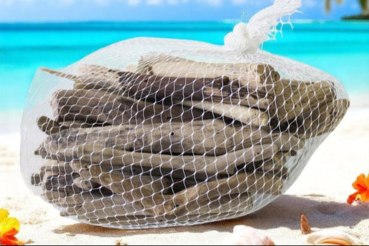 Bag of driftwood on a sandy beach with ocean in the background