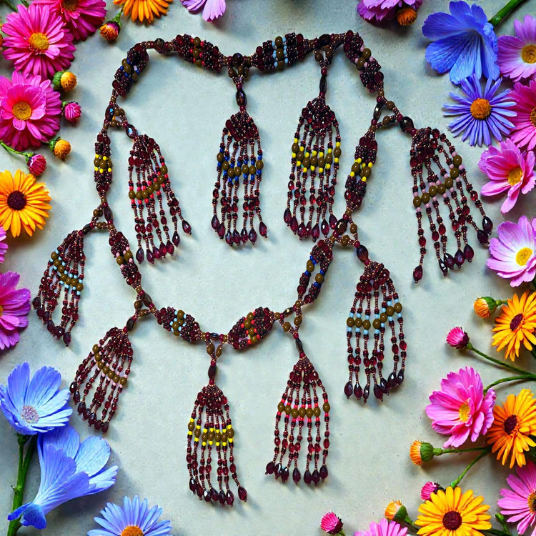 Beaded necklace with colorful beads surrounded by flowers on a light background