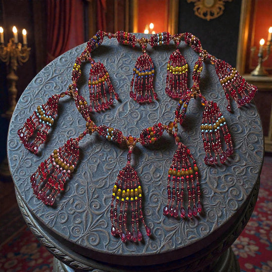 Colorful beaded necklace on a textured surface with a warm background