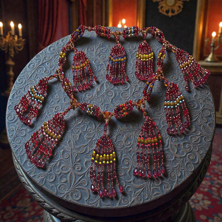 Colorful beaded necklace on a textured surface with a warm background