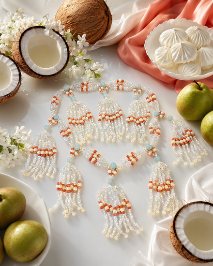 A beaded tassel necklace with white and coral, bone and opal beads. Styled on a white surface with coconuts, pears, white meringues, and white flowers.