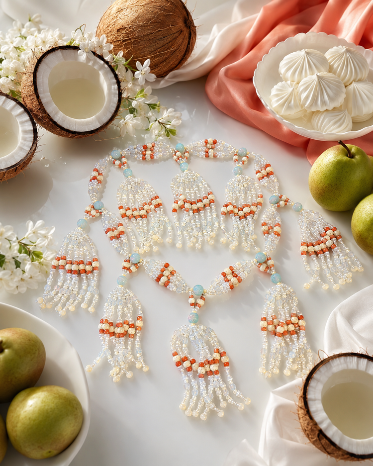 A beaded tassel necklace with white and coral, bone and opal beads. Styled on a white surface with coconuts, pears, white meringues, and white flowers.