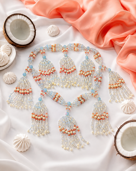 A beaded tassel necklace with intricate patterns of  white, bone, opal and coral colored  beads,  styled on a white fabric background with decorative seashells and coral fabric.