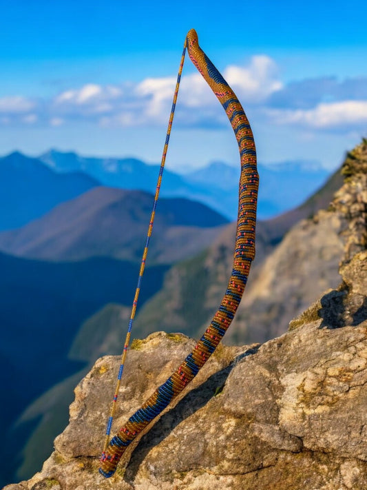 A handcrafted glass beaded bow with blue, coral, and topaz beads, displayed on a rock with a mountainous landscape in the background.