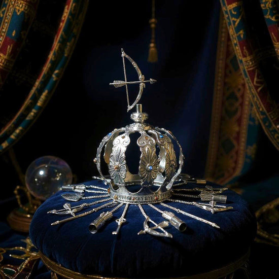 Decorative silver crown with archery elements on a blue cushion against a dark background