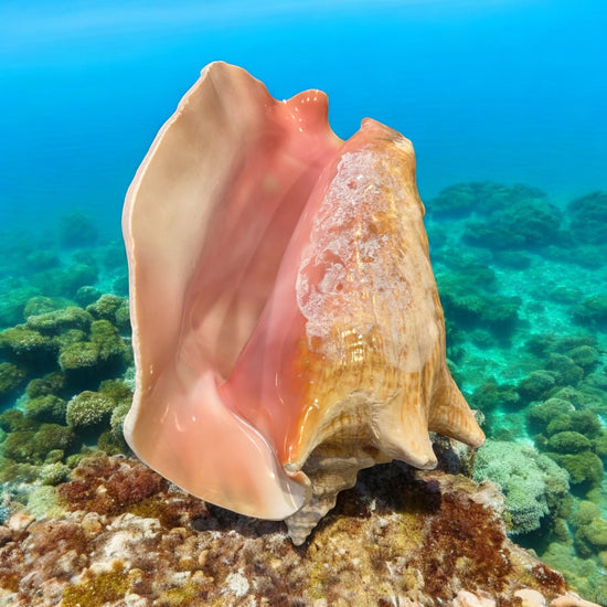 Large conch shell on a coral reef with clear blue water in the background