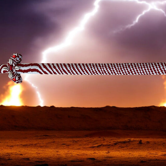 A beaded ceremonial sword with a handle adorned with red and white beads and brilliant red rhinestones, displayed against a stormy sky with lightning bolts.