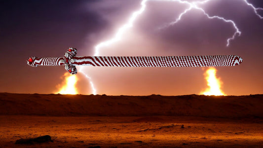 A beaded ceremonial sword with a handle adorned with red and white beads and brilliant red rhinestones, displayed against a stormy sky with lightning bolts.