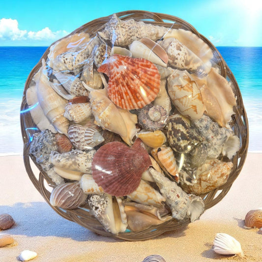 Basket filled with various seashells on a beach with ocean in the background