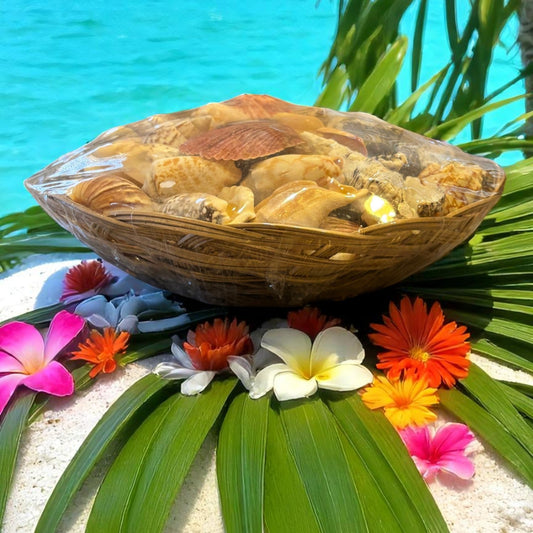 Wicker bowl filled with seashells on a beach with flowers and palm leaves.