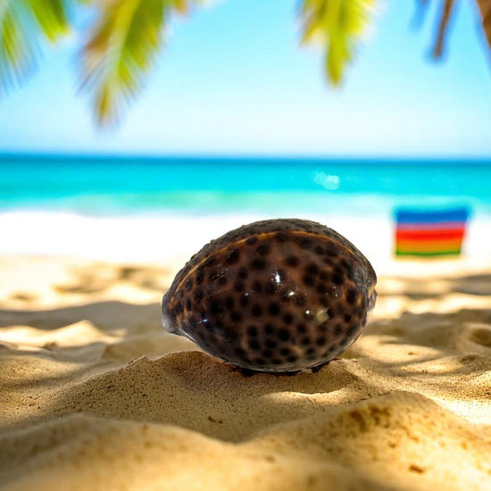 Tiger Cowrie  Shell on a sandy beach with palm trees and blue sky in the background