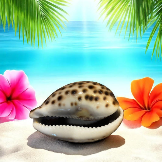 Tiger Shell on sand with flowers and palm leaves in the background