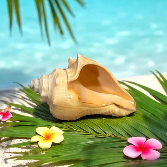 Shell on a palm leaf with flowers and turquoise water in the background
